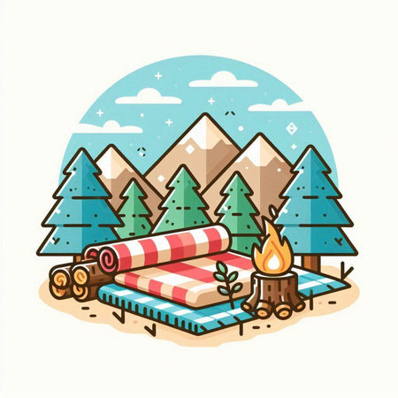 Camping vector illustration with mountains, campfire and forest in flat style.のイラスト素材