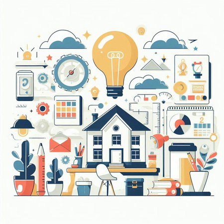 Flat design vector illustration concept of home office, working from home, online education, e-learning, distance learning, distance learning.のイラスト素材