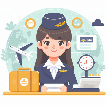 Stewardess sitting at the desk in the airport. Vector illustrationのイラスト素材