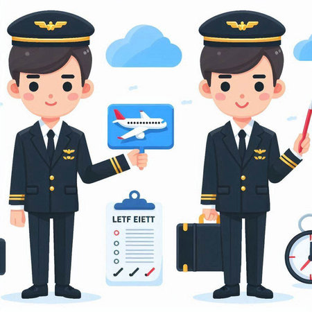 Pilot and flight attendant with checklist, airplane and checklist. Vector illustrationのイラスト素材