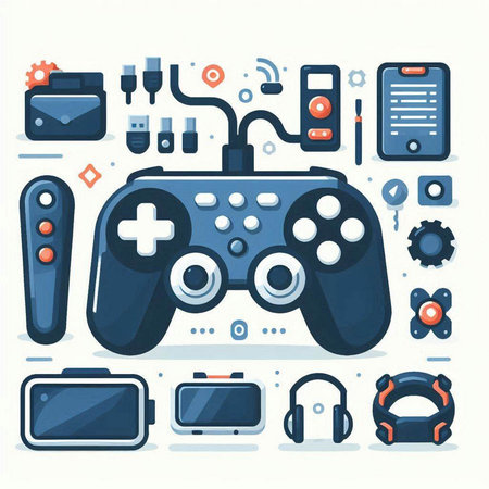 Gamepad and video game accessories. Vector illustration in flat style.のイラスト素材