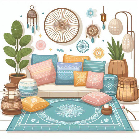 Illustration of a cozy living room with a set of cushionsのイラスト素材