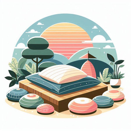Vector illustration of a landscape with a garden and a swimming pool.のイラスト素材