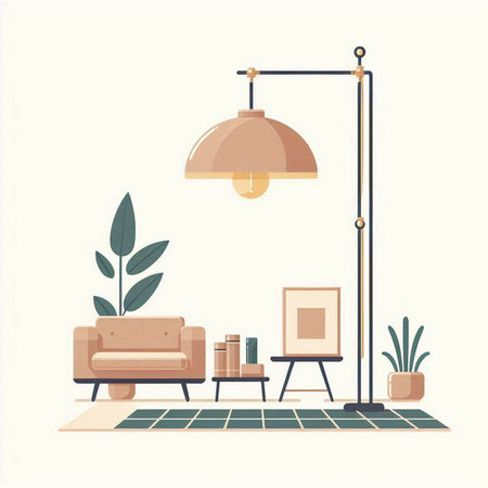 Living room interior with sofa, lamp and plants. Flat vector illustration.のイラスト素材