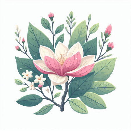 Magnolia flowers and leaves. Hand drawn vector illustration isolated on white background.のイラスト素材