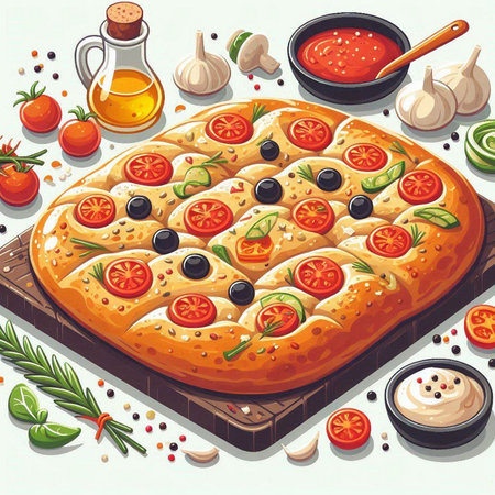 Illustration of pizza with tomato, pepper, olives and herbsのイラスト素材