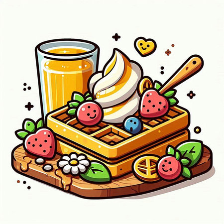 Belgian waffles with ice cream and strawberries, vector illustration.のイラスト素材