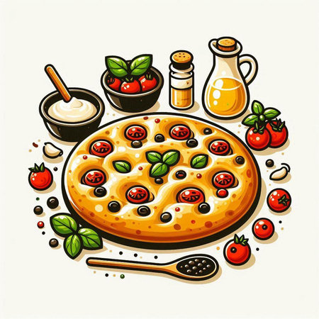 Pizza with tomatoes, basil and spices on white background. Vector illustration.のイラスト素材