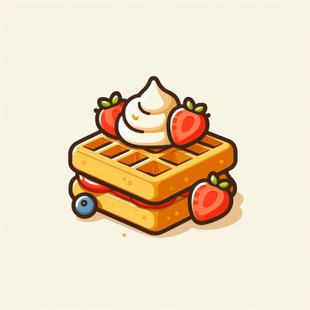 Belgian waffle with whipped cream and strawberries. Vector illustration.のイラスト素材