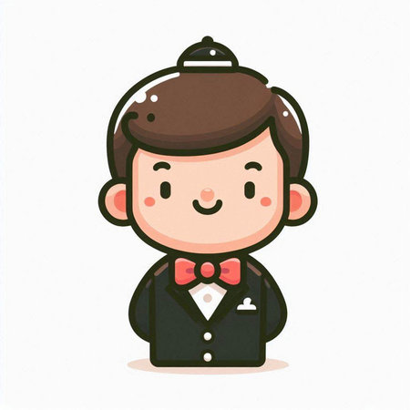 Cute waiter cartoon character vector design. Cheerful waiter in uniform.のイラスト素材