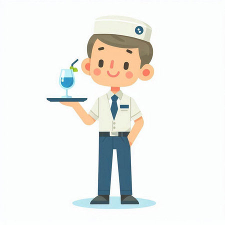 Vector illustration of a male chef holding a tray with a cocktail.のイラスト素材