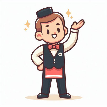 Cartoon waiter standing with his hand on hip. Vector illustration.のイラスト素材