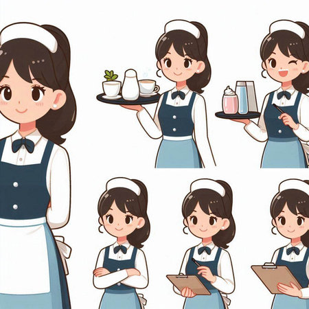 Young waitress in uniform holding a tray of dishes. Vector illustration.のイラスト素材