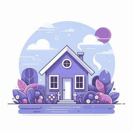 Vector illustration of a beautiful house in the countryside. Cartoon style.のイラスト素材