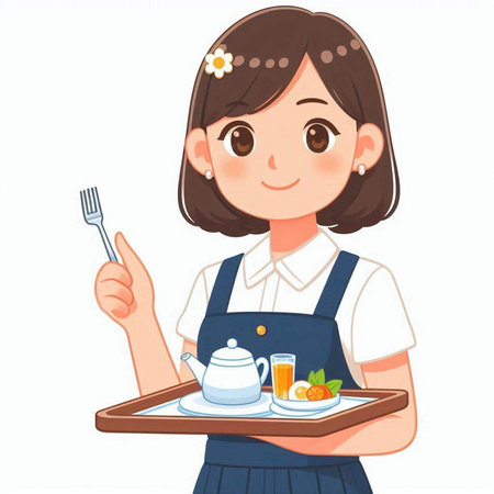 Young waitress holding a tray of food and a cup of tea.のイラスト素材