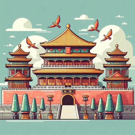 Chinese ancient architecture. Vector illustration in vintage style. Landmarks of China.のイラスト素材