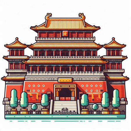 Ancient Chinese architecture. Vector illustration in a cartoon style. Isolated on white background.のイラスト素材