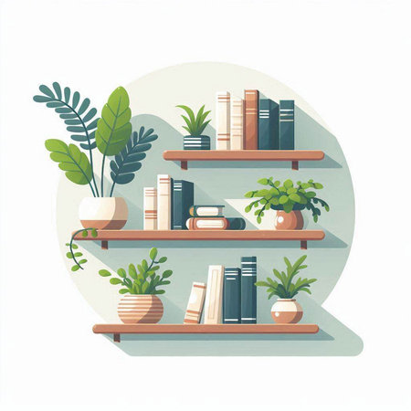 Bookshelf with books and plants. Flat style vector illustration.のイラスト素材