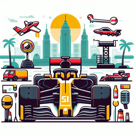 Vector illustration of racing car on the background of the city. Cartoon style.のイラスト素材