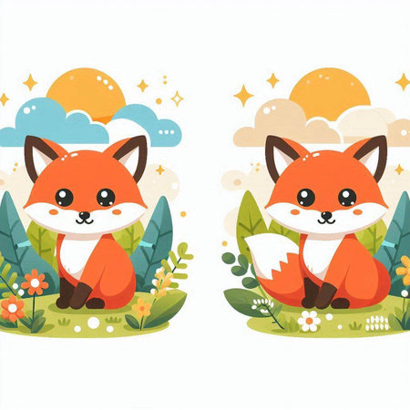 Cute foxes on the meadow. Vector cartoon illustration.のイラスト素材