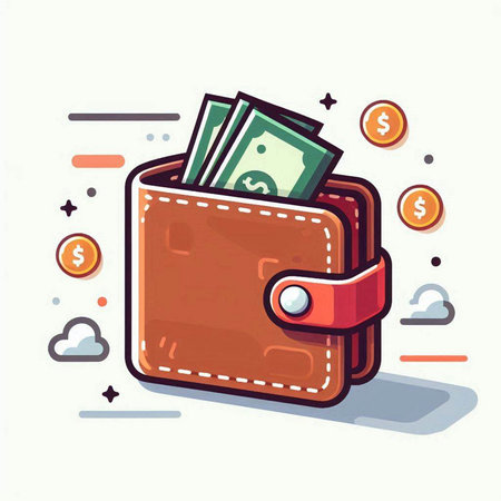 Wallet with money. Vector illustration in flat style. Isolated on white background.のイラスト素材