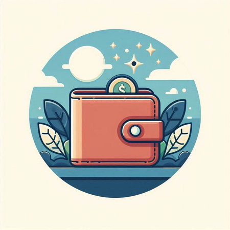Illustration of a wallet with coins on the background of the skyのイラスト素材