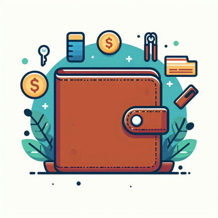 Wallet with money and symbols. Vector illustration in flat linear style.のイラスト素材
