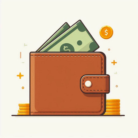 Illustration of a brown wallet full of money. Vector illustration.のイラスト素材