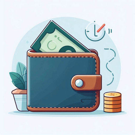 Wallet with money and coins. Vector illustration in a flat style.のイラスト素材