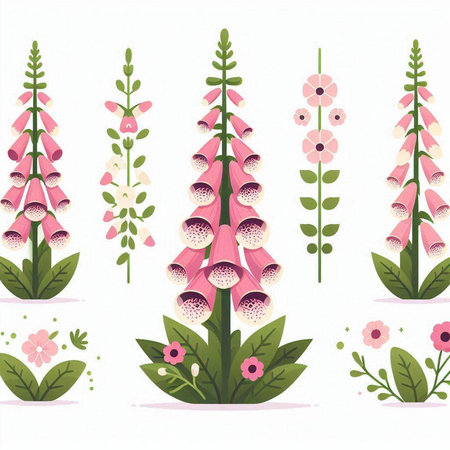 Set of pink foxglove flowers with leaves. Vector illustration.のイラスト素材
