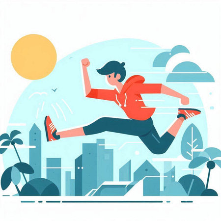 Running woman on the city background. Vector illustration in flat style.のイラスト素材