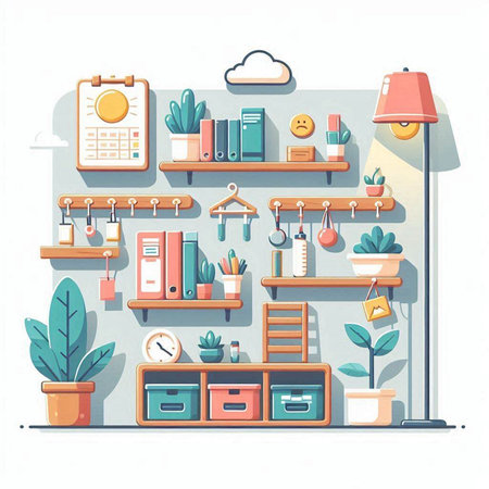 Illustration of a shelf with different home related objects. Vector illustration.のイラスト素材