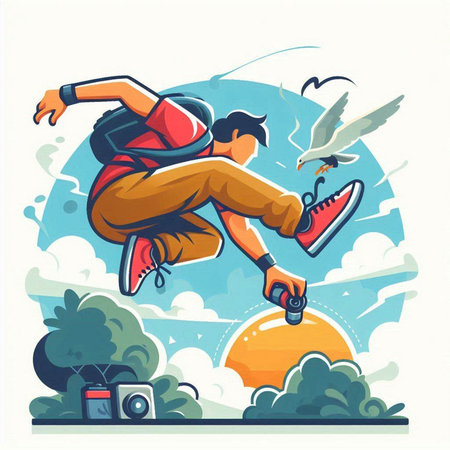 Hiker jumping on the background of the sky. Vector illustration.のイラスト素材