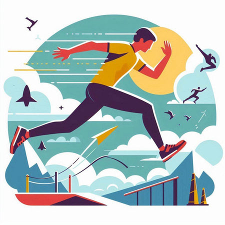 Vector illustration of a man jumping over obstacles. The concept of healthy lifestyle and sport.のイラスト素材