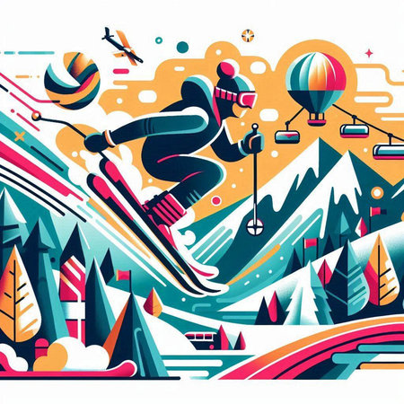 Vector illustration of a skier on a ski slope in the mountainsのイラスト素材