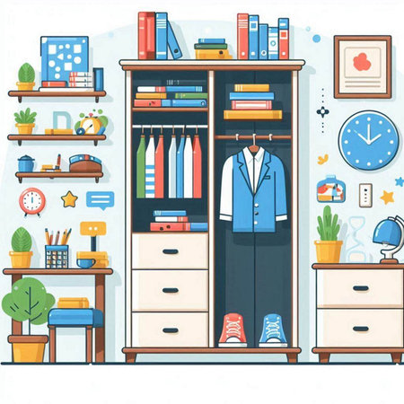 Closet with books and accessories. Vector illustration in flat styleのイラスト素材