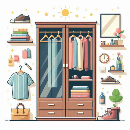 Closet with clothes and accessories. Vector illustration in flat styleのイラスト素材