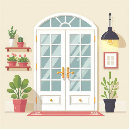 Vector illustration of a room with a door and a flower pot.のイラスト素材