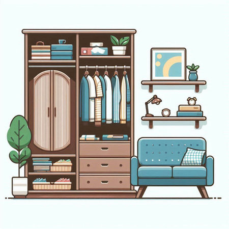 Vector illustration of a cozy living room with a sofa and bookshelfのイラスト素材