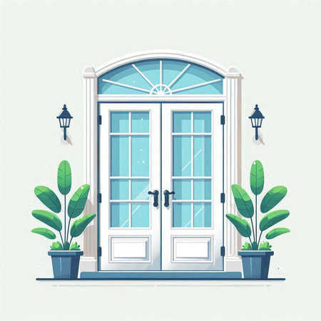 Vector illustration of a front door with green plants, lanterns and plants.のイラスト素材