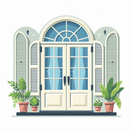 Vector illustration of a classic window with shutters and decorative plants.のイラスト素材