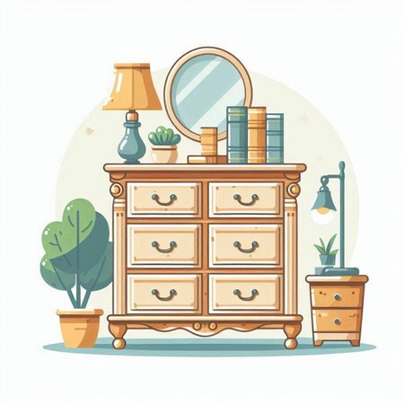 Vector illustration of a wooden chest of drawers and a mirror.のイラスト素材