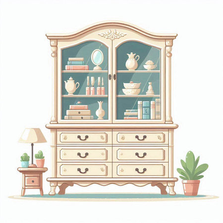 Illustration of a cupboard with books and accessories. Vector illustration.のイラスト素材