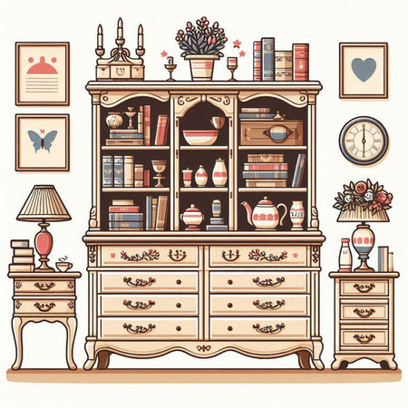 Vector illustration of a vintage wooden chest of drawers with books and decorationsのイラスト素材