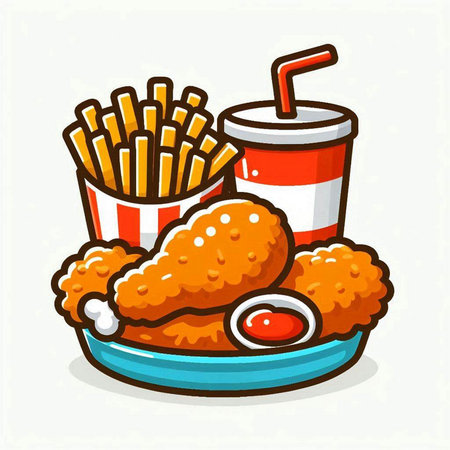 Fried chicken with french fries and cola. Fast food vector illustration.のイラスト素材