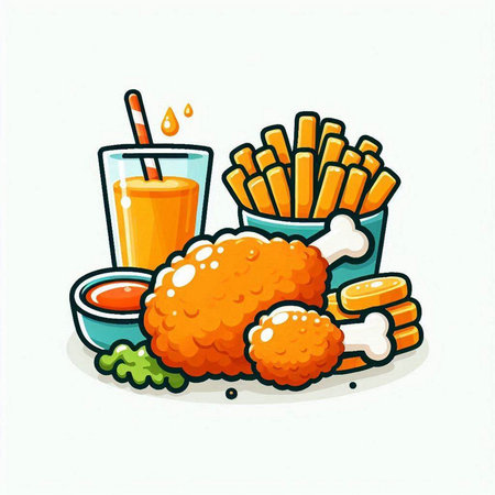 Fried chicken wings with french fries and orange juice. Vector illustration.のイラスト素材
