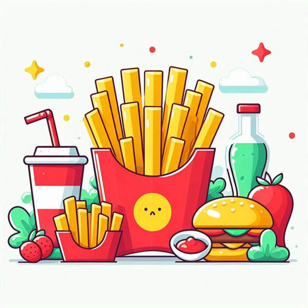 Fast food vector illustration in flat style. French fries, hamburger, soda and strawberry.のイラスト素材