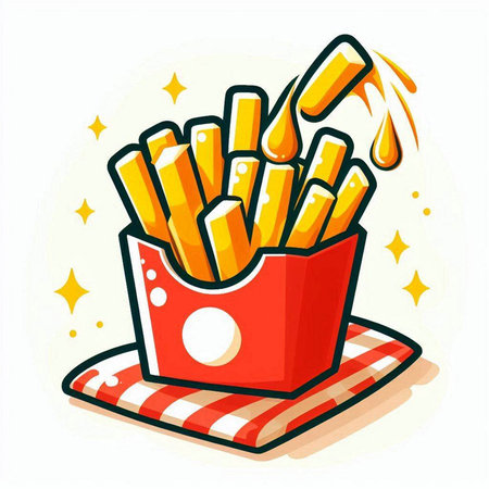Illustration of a box of fries on a checkered tableclothのイラスト素材