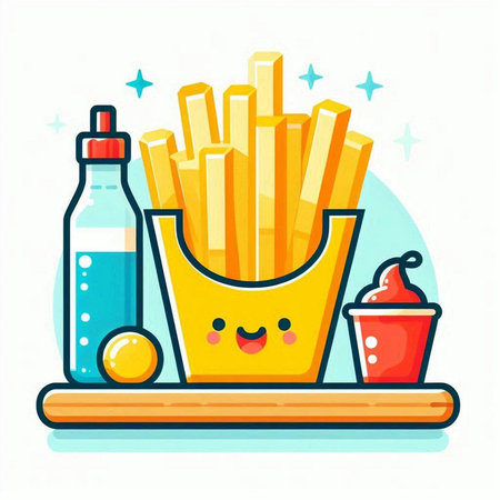 French fries with sauce and kawaii food character, vector illustrationのイラスト素材