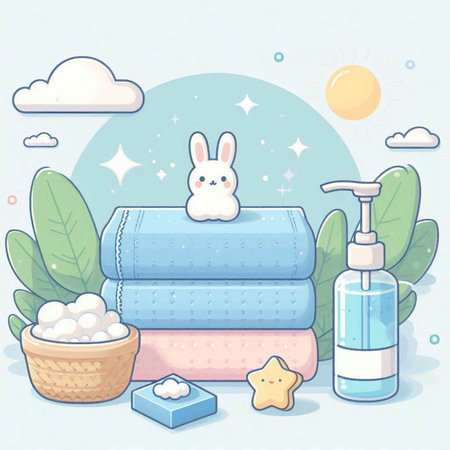 Spa vector illustration with towels, soap, shampoo, shower gel, soap, star and sunのイラスト素材